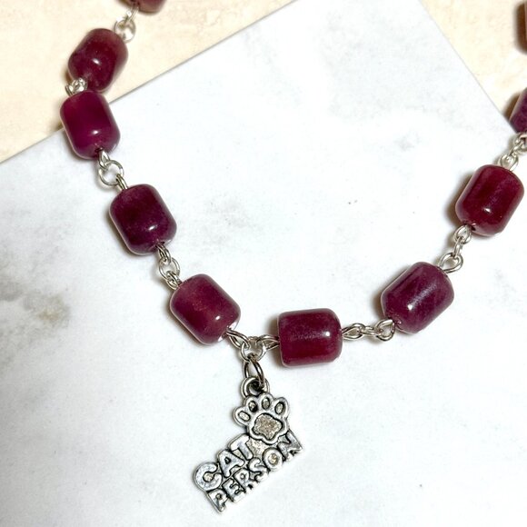 Genuine Magenta Chalcedony Short Necklace, Gemstone & Cat Person Paw Print Charm - Picture 5 of 14